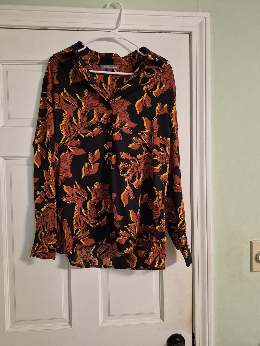 Alfani Black Floral Button-Down Blouse with Rust & Yellow